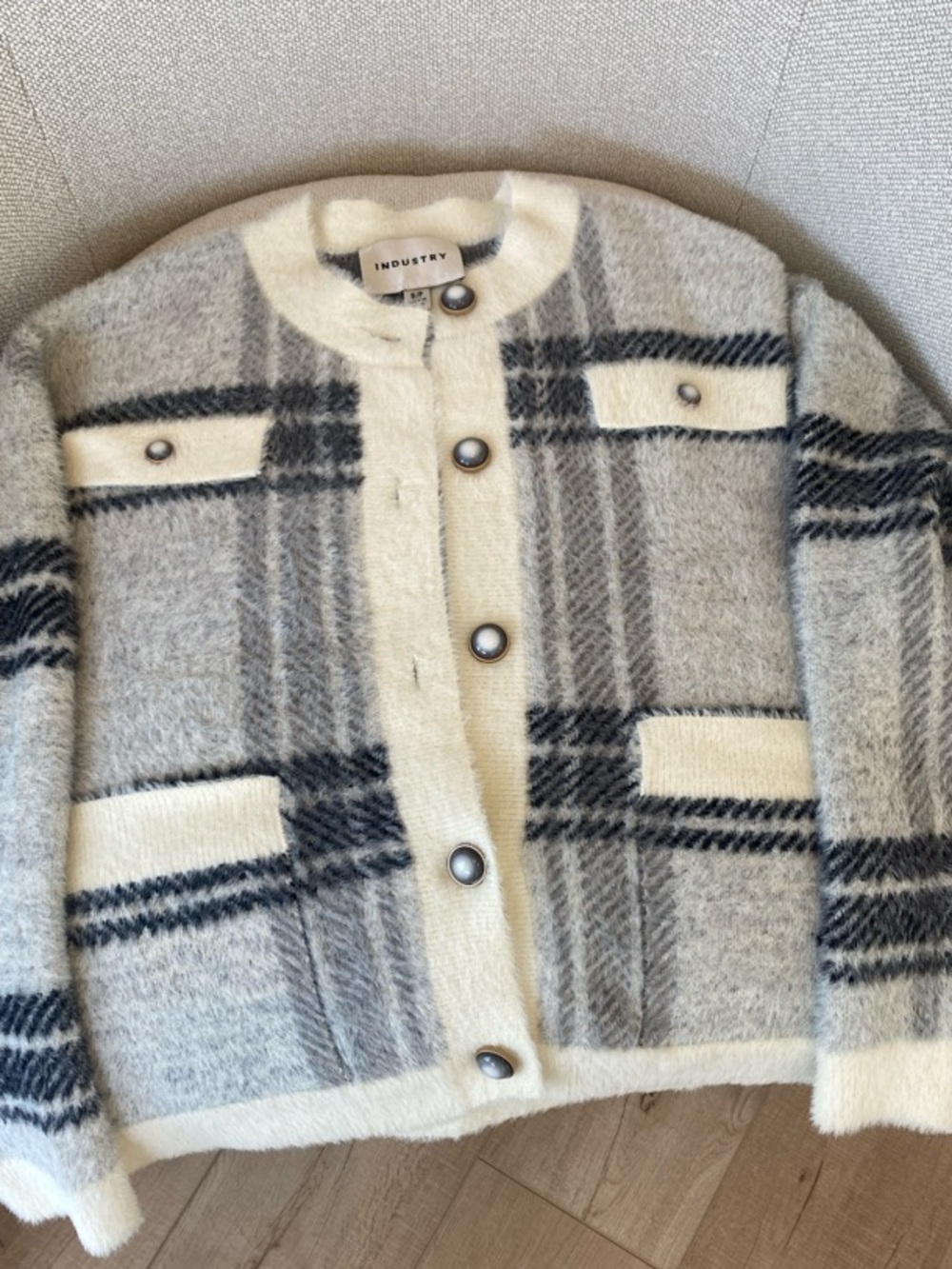 Industry Gray & Cream Plaid Cardigan Sweater
